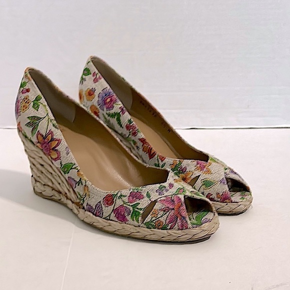 STUART WEITZMAN Floral Wedge Espadrille Peep-Toe Shoes 8.5 - Picture 3 of 12